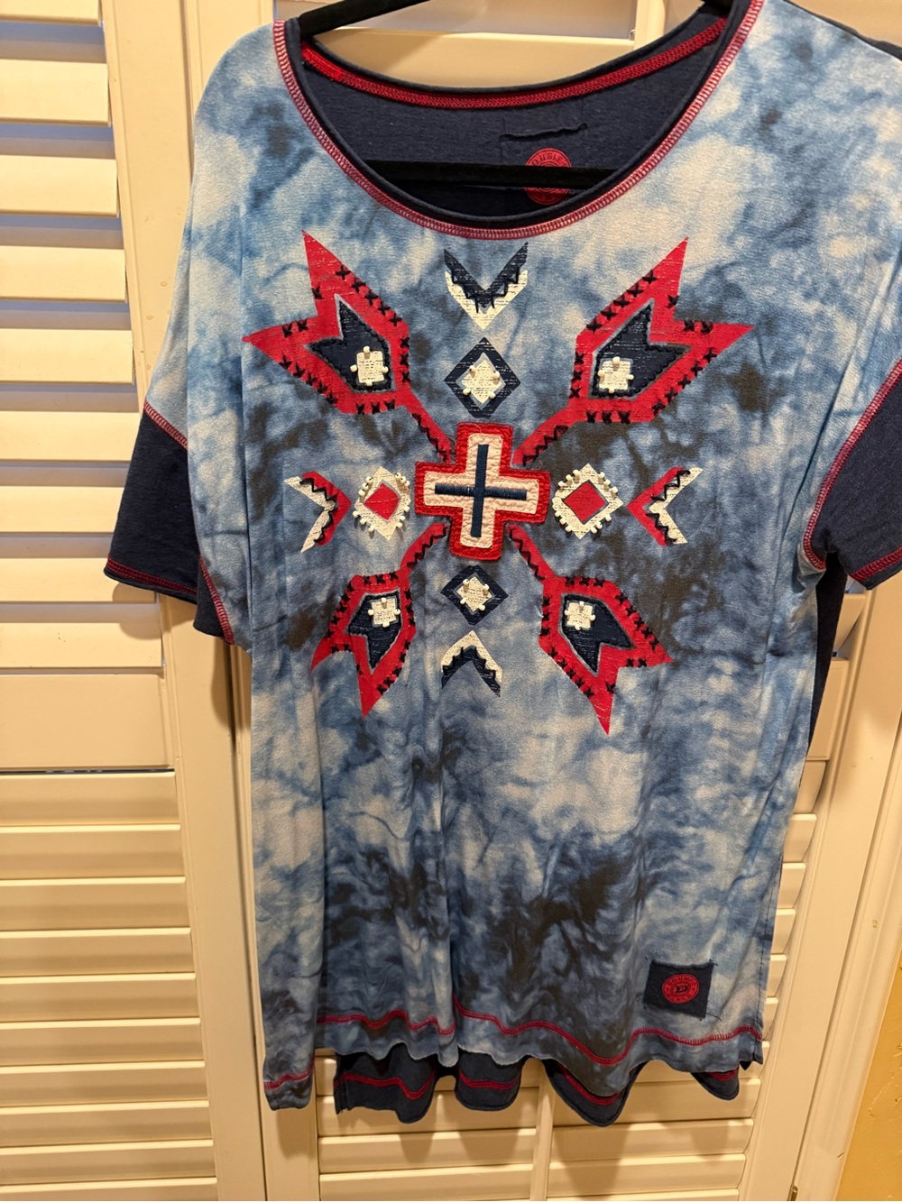 Double D Ranch Blue Tie-Dye Tee with Red Geometric Embroidery